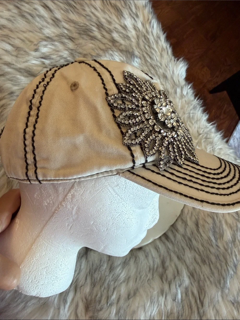OLIVE & PIQUE Embellished Crystal Flower Baseball Cap - White